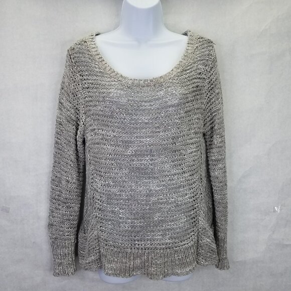 Eileen Fisher Open Knit Sweater Women's M Italian Yarn Pockets Scoop Neck Gray - Picture 1 of 15